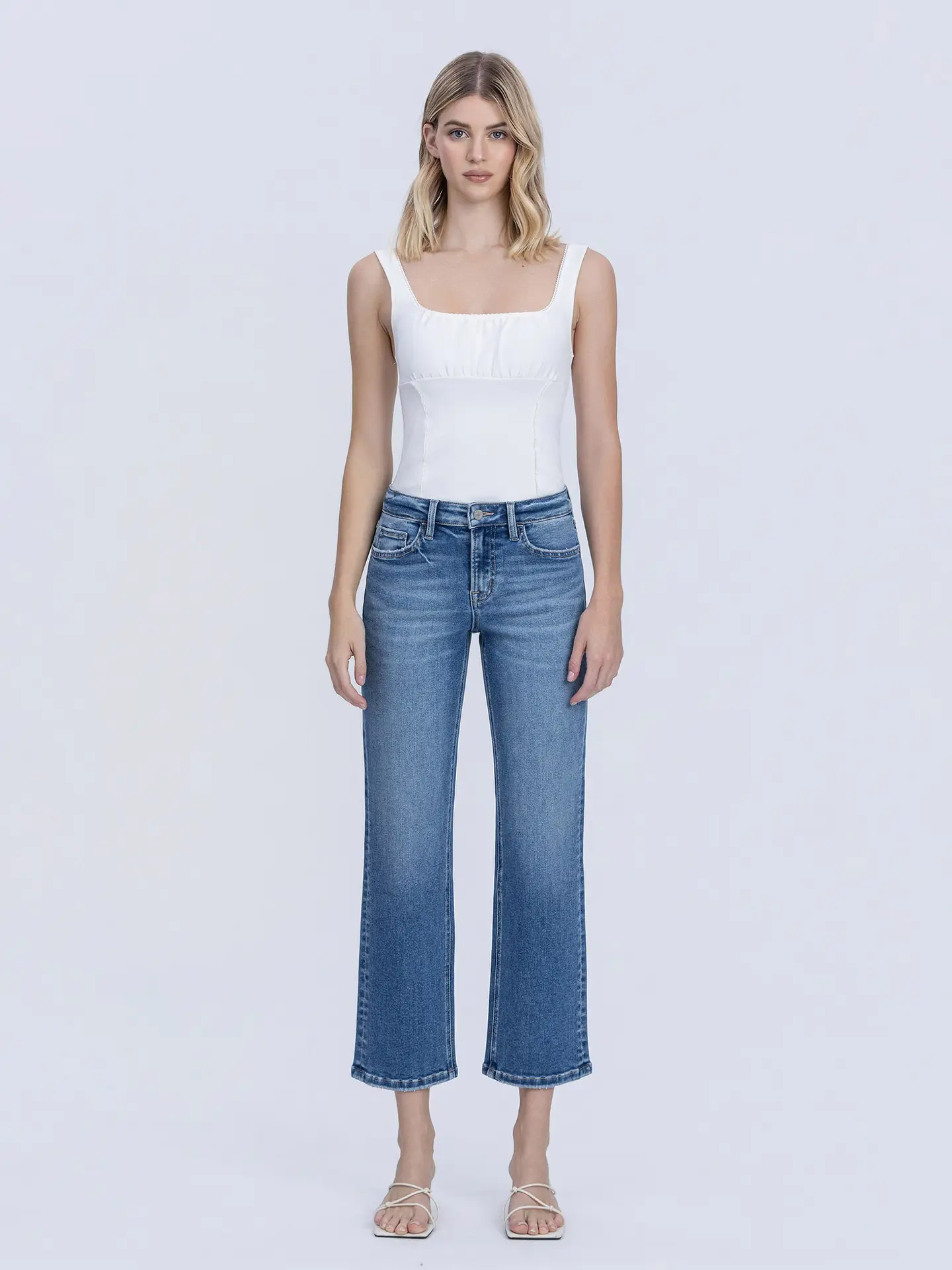 Mid Rise Medium Dark Wash Ankle Straight Jeans