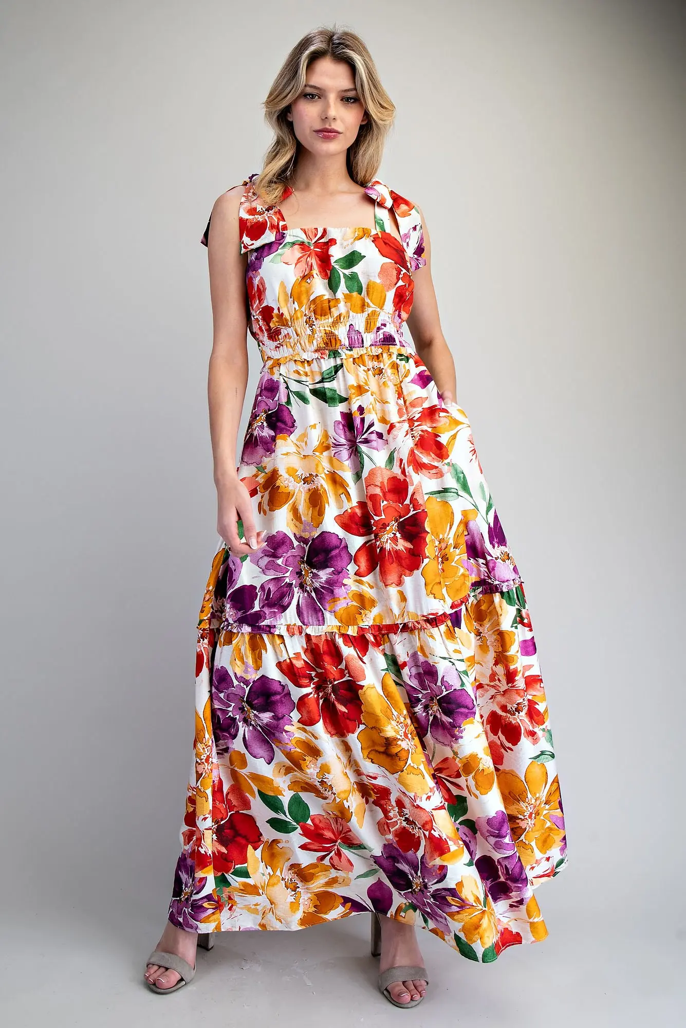 Floral Printed Tie Strap Maxi Dress