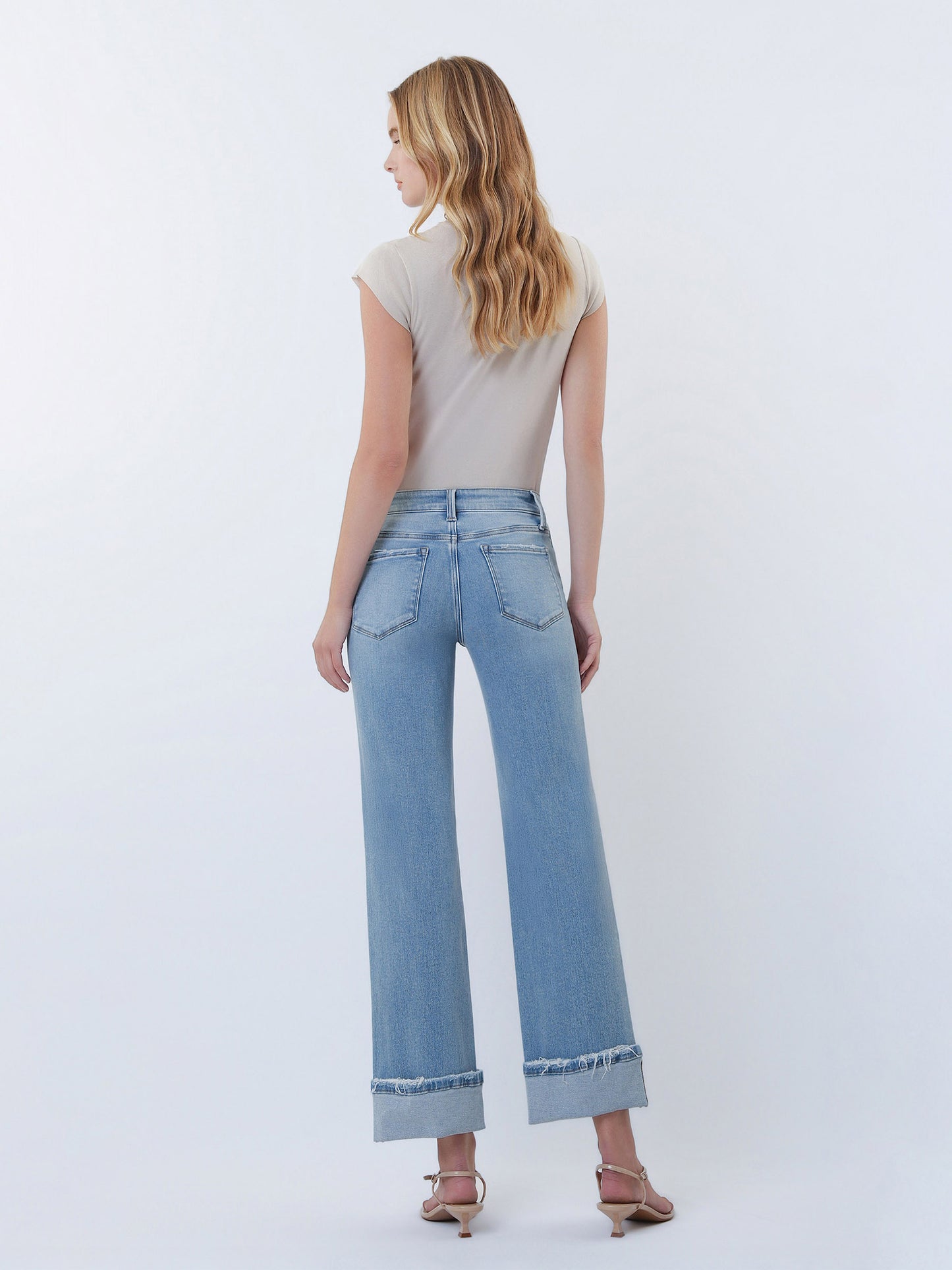 Mid Rise Medium Light Cuffed Slim Wide Jeans
