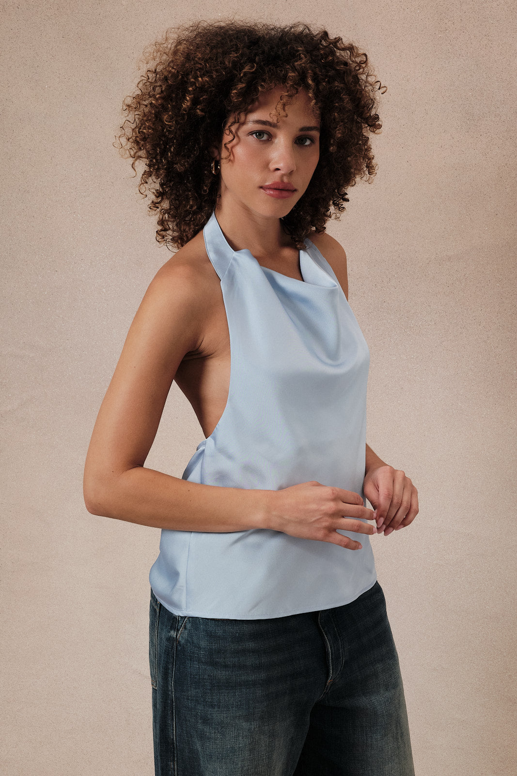 High Cowl Neck Halter Satin Top