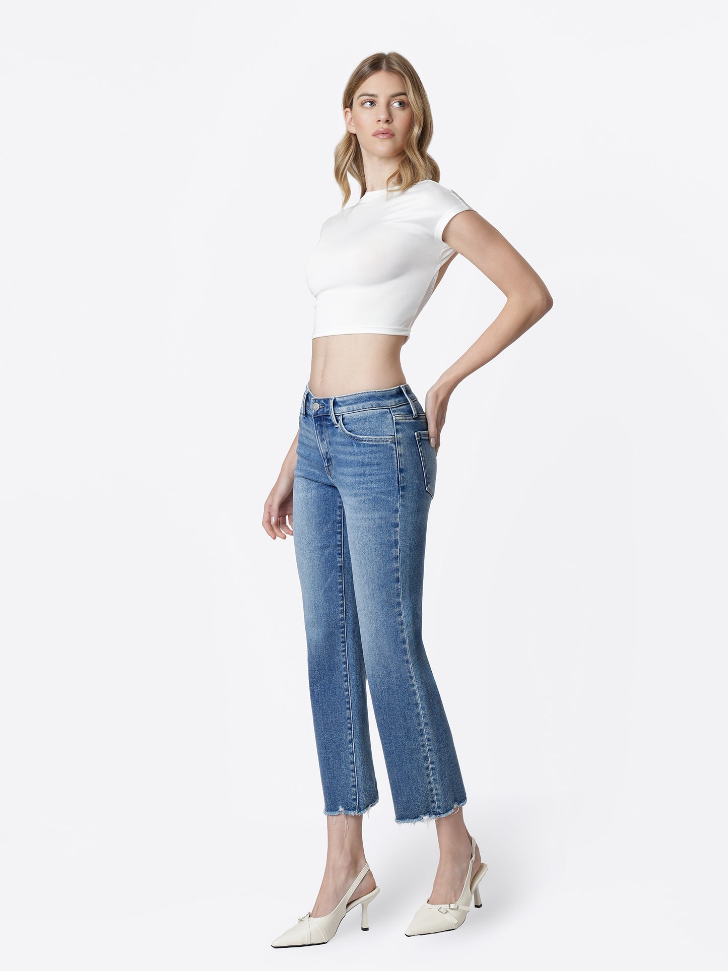 Mid Rise Distressed Hem Crop Straight Jeans