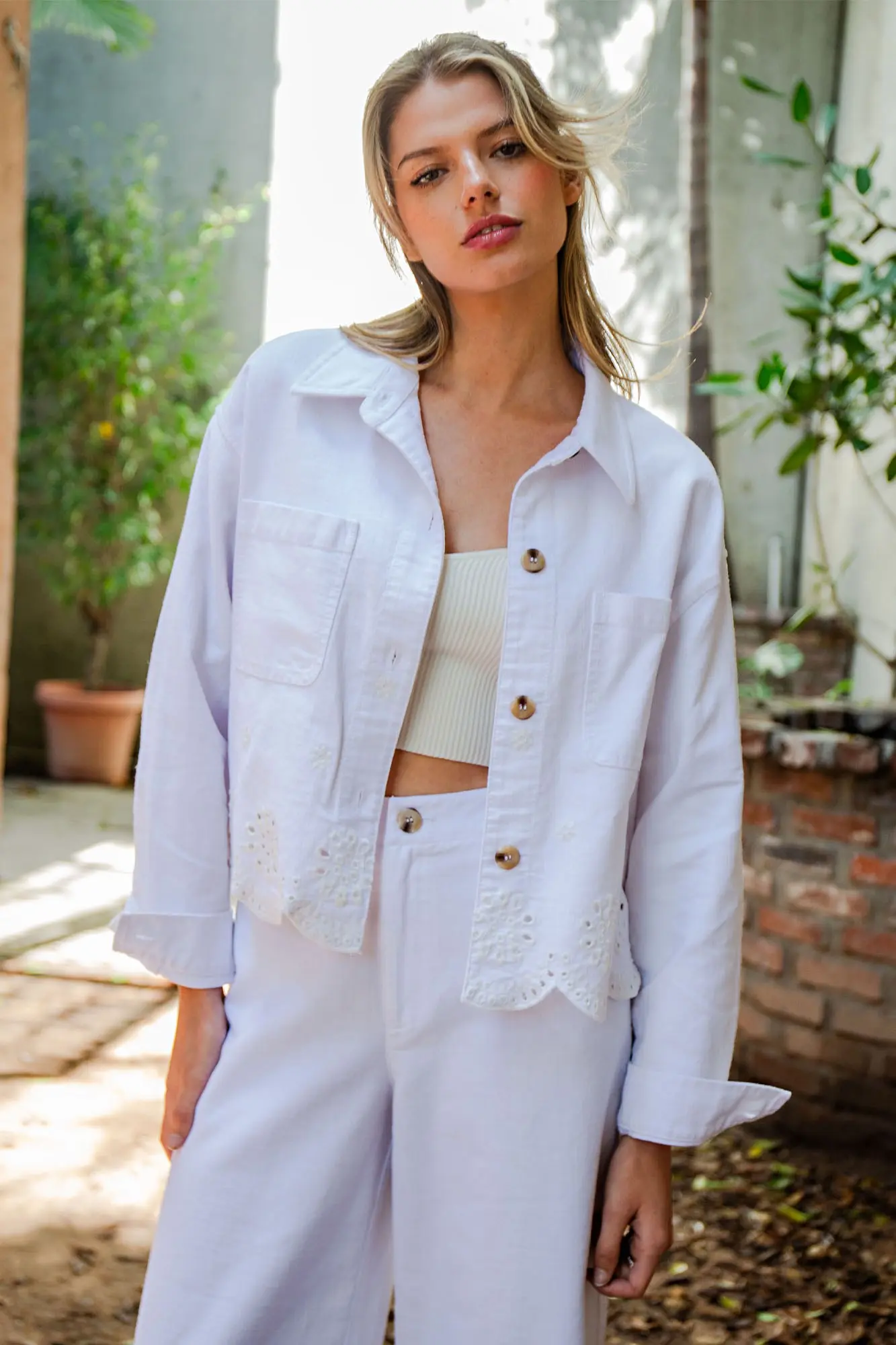 Button Down Eyelet Hem Jacket