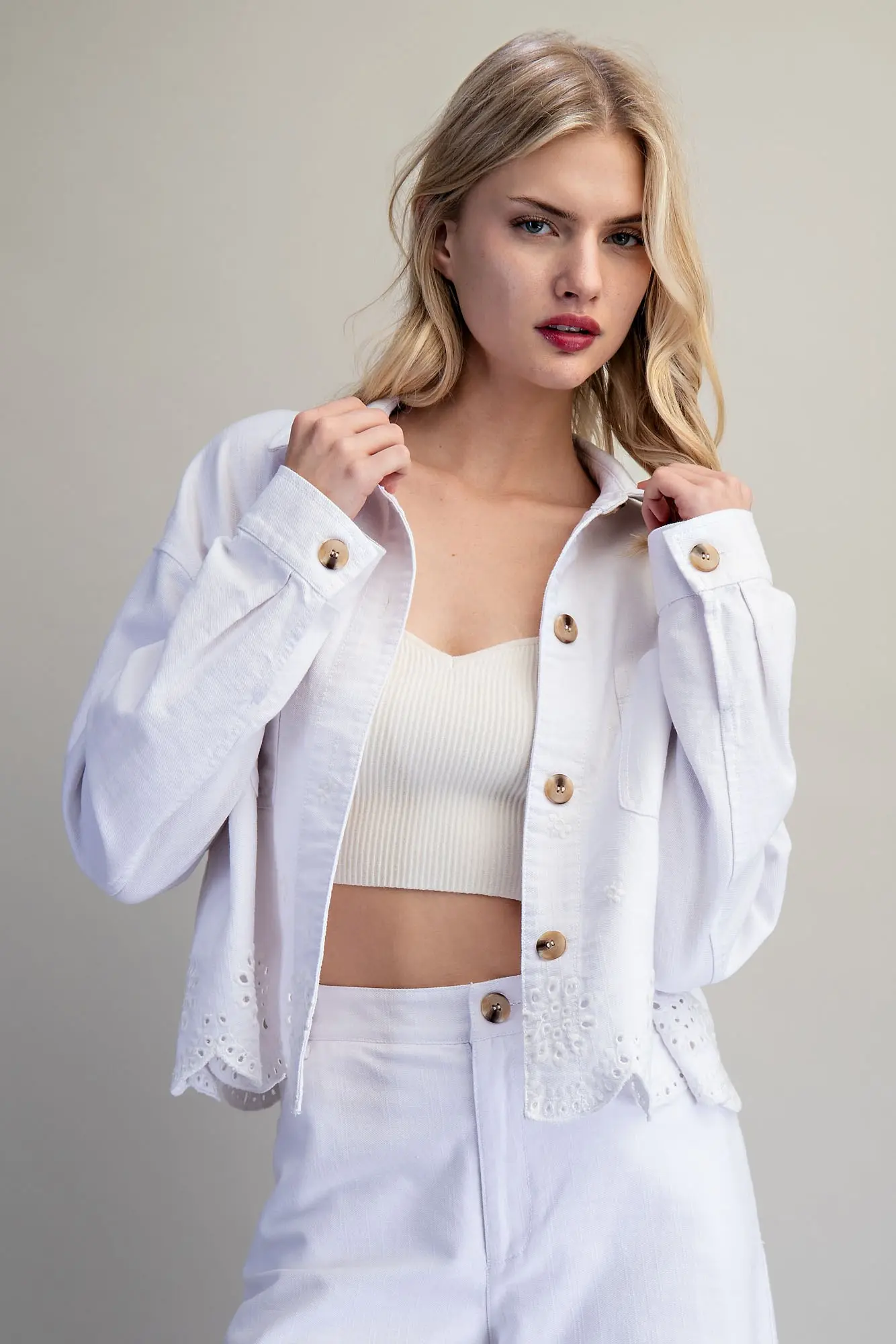 Button Down Eyelet Hem Jacket
