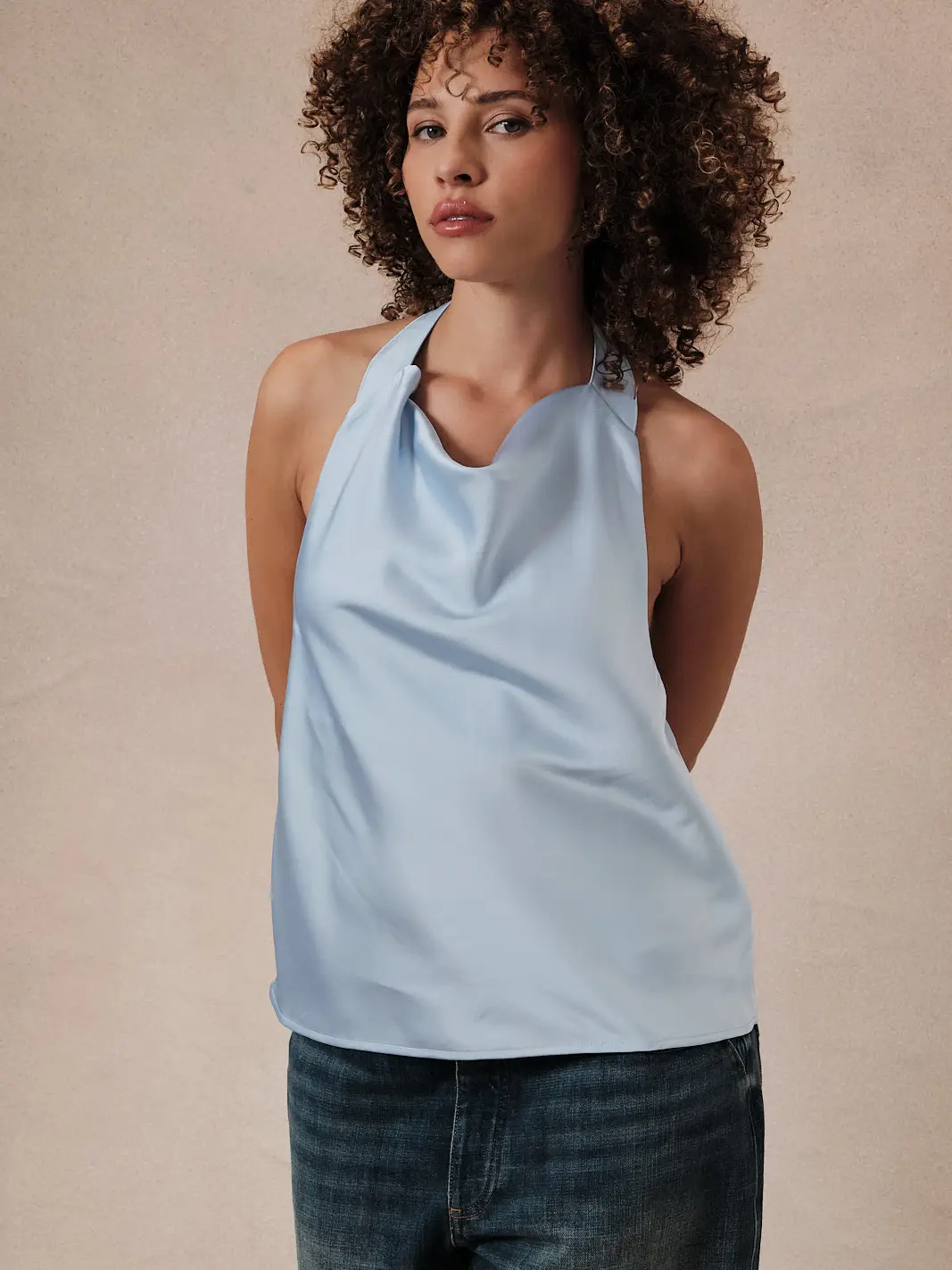 High Cowl Neck Halter Satin Top