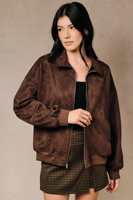 Faux Suede Zip Front Bomber Jacket