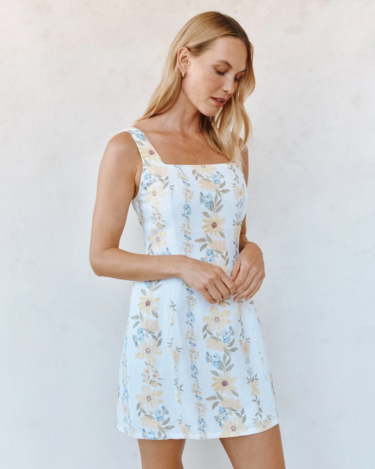 Fitted Smocked Back Mini Dress - Wildflower Stripes Print