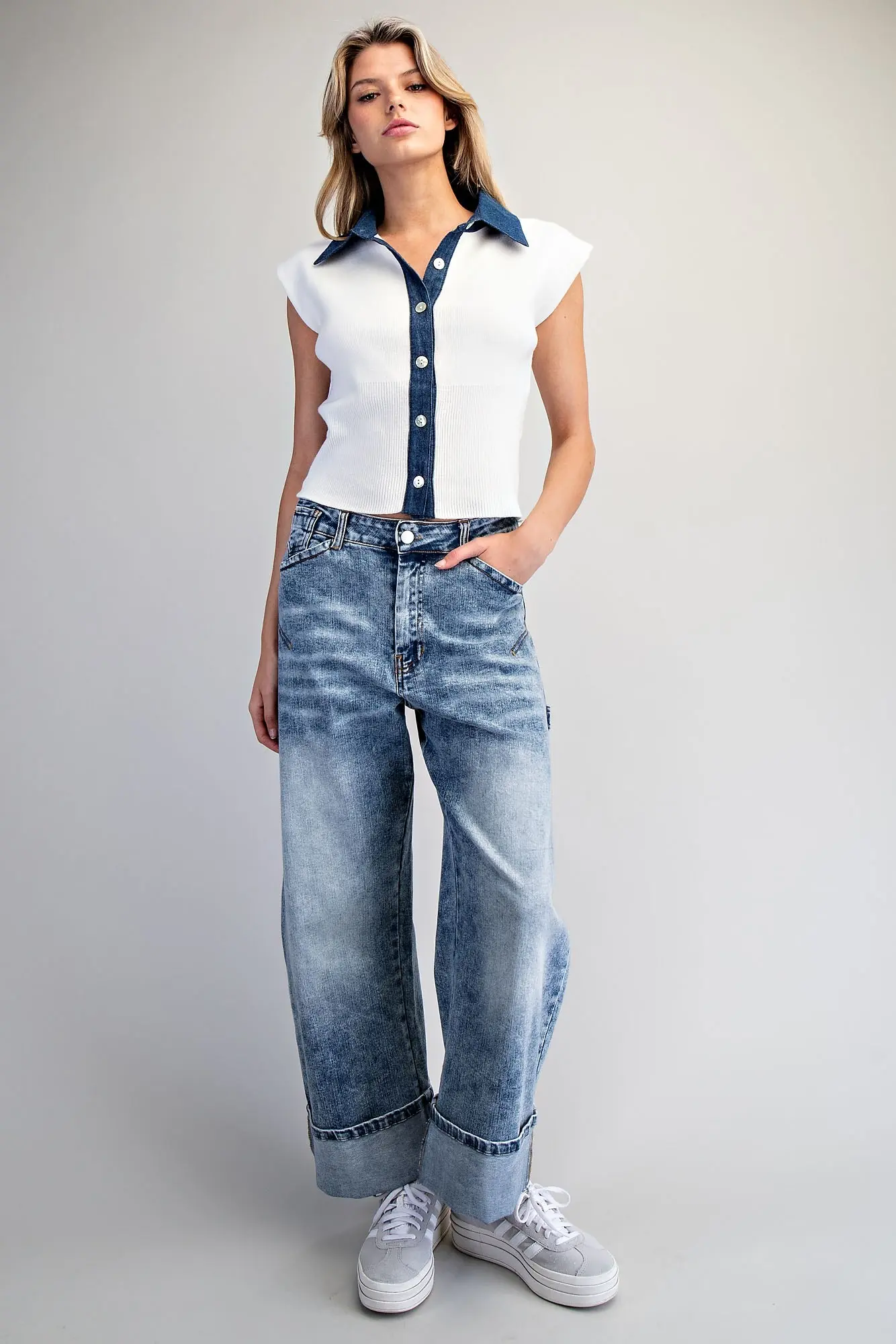 Denim Contrast Cap Sleeve Knit Top