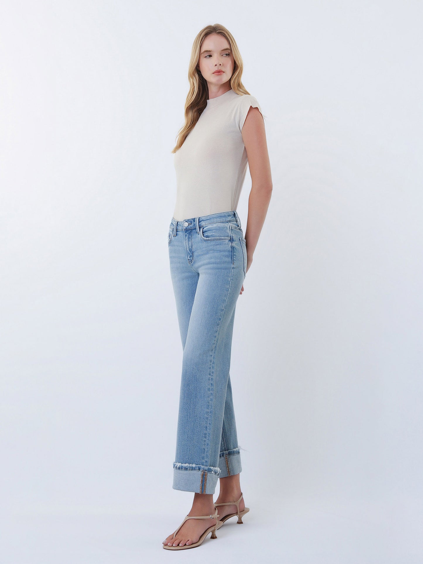 Mid Rise Medium Light Cuffed Slim Wide Jeans