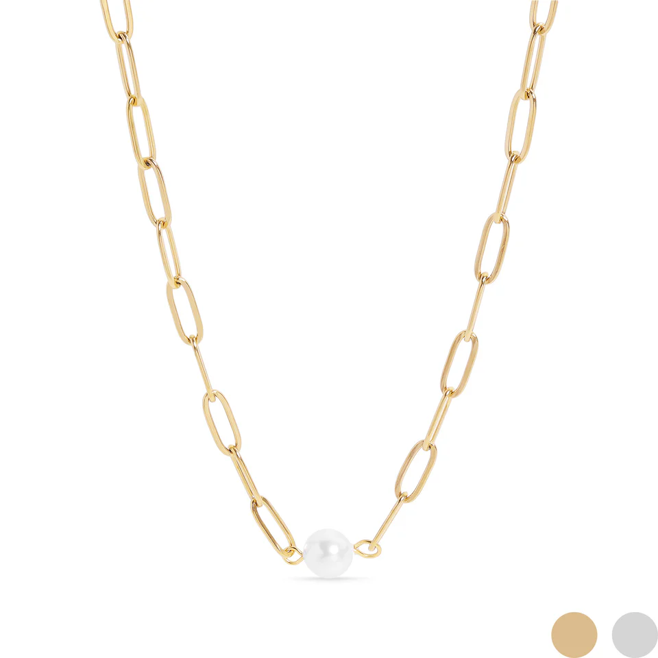 18K Gold PVD Stainless Steel Paperclip Necklace With Pearl