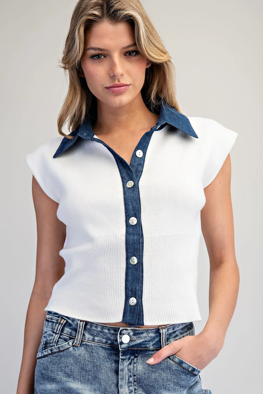Denim Contrast Cap Sleeve Knit Top