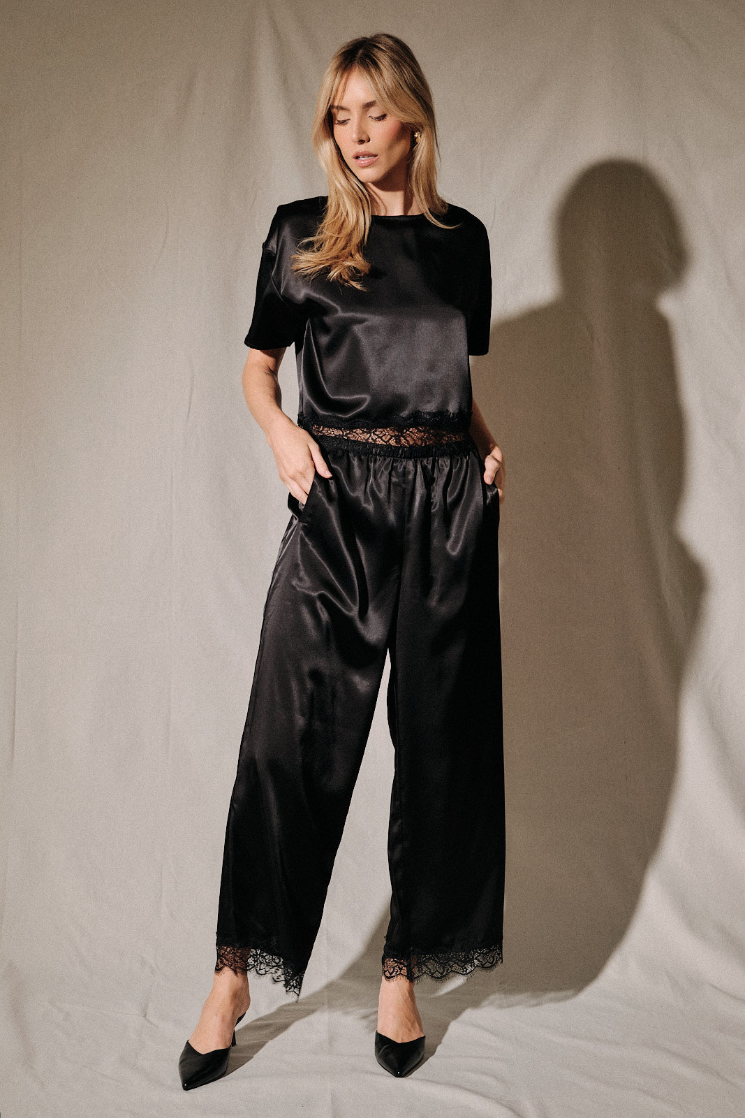 Satin Lace Trim Cropped Top