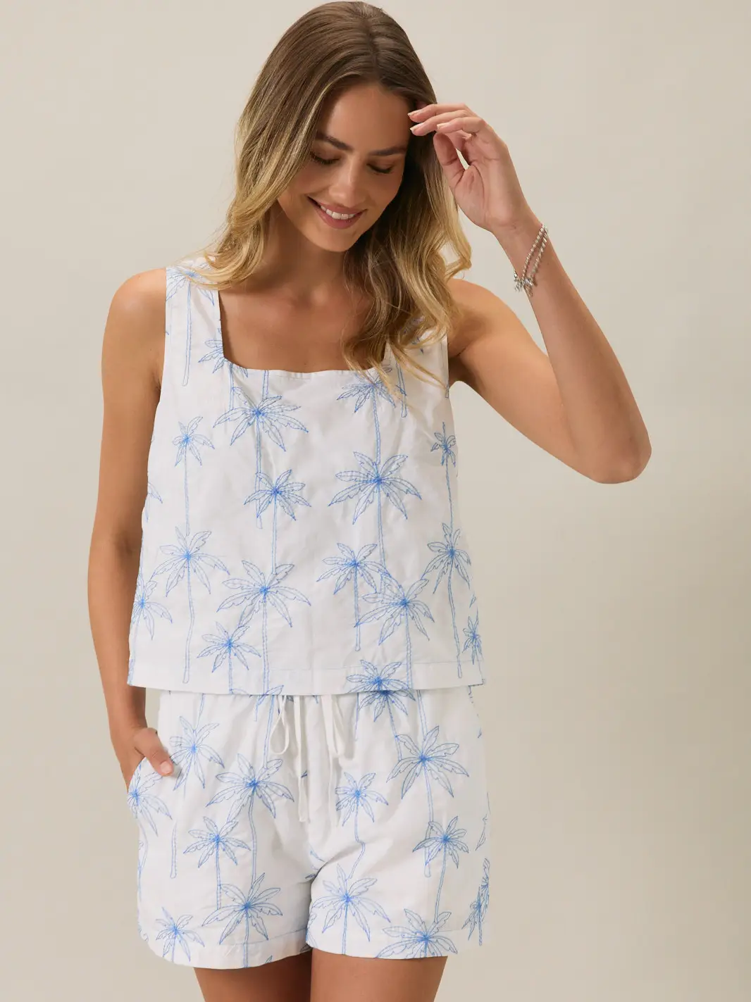 Square Neck Sleeveless Palm Tree Embroidered Top