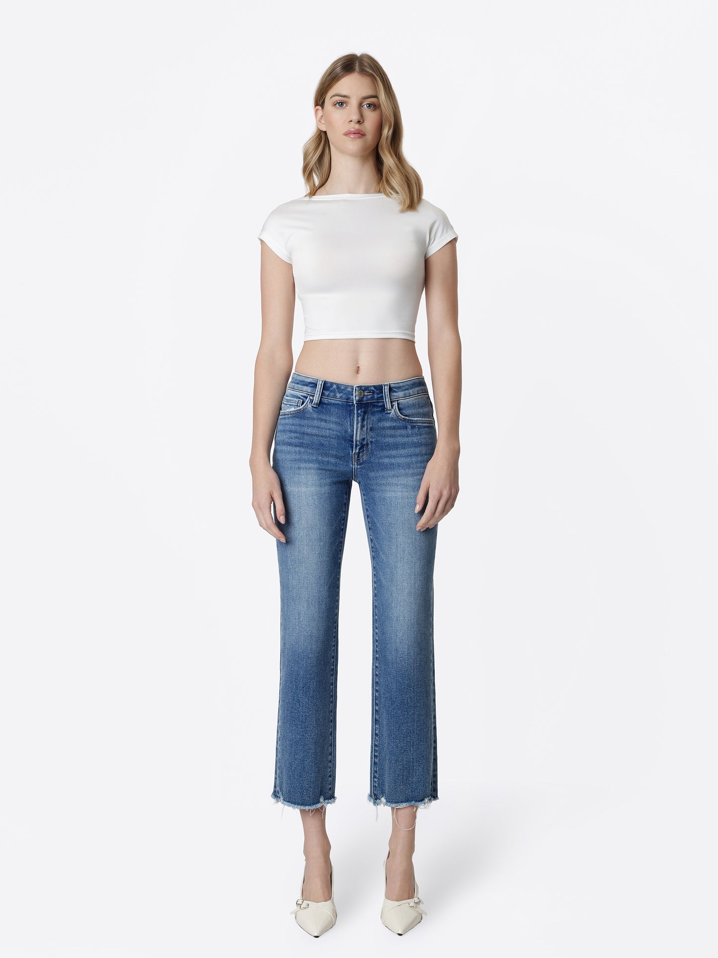 Mid Rise Distressed Hem Crop Straight Jeans