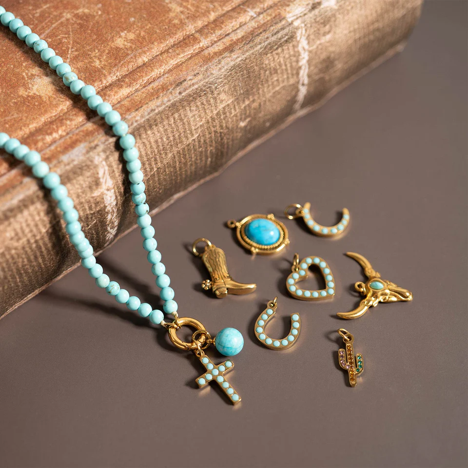 18K Gold PVD Stainless Steel Turquoise Stone Cross Charm