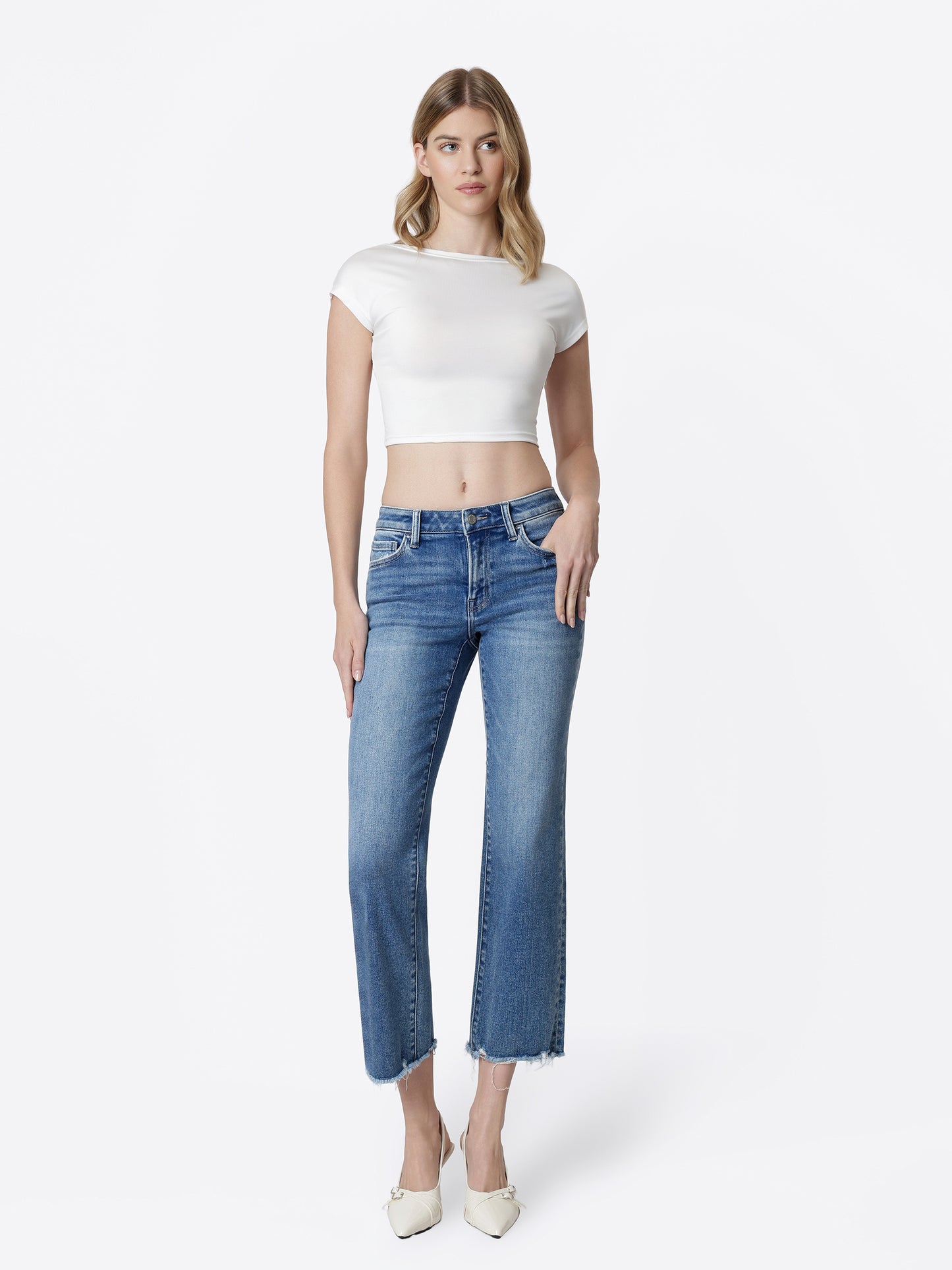 Mid Rise Distressed Hem Crop Straight Jeans