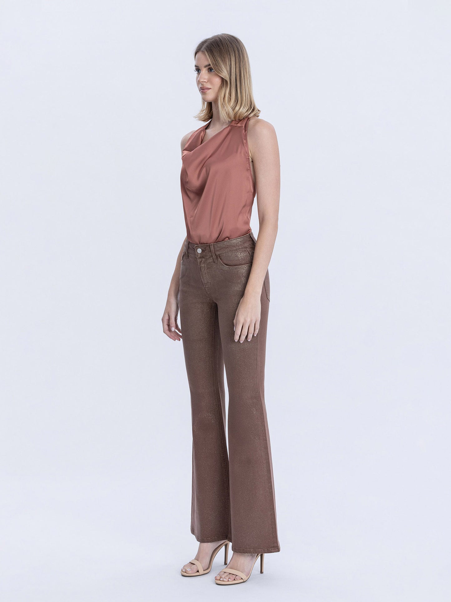 Mid Rise Gold Glitter Coated Flare Jeans