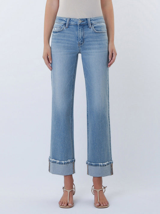 Mid Rise Medium Light Cuffed Slim Wide Jeans