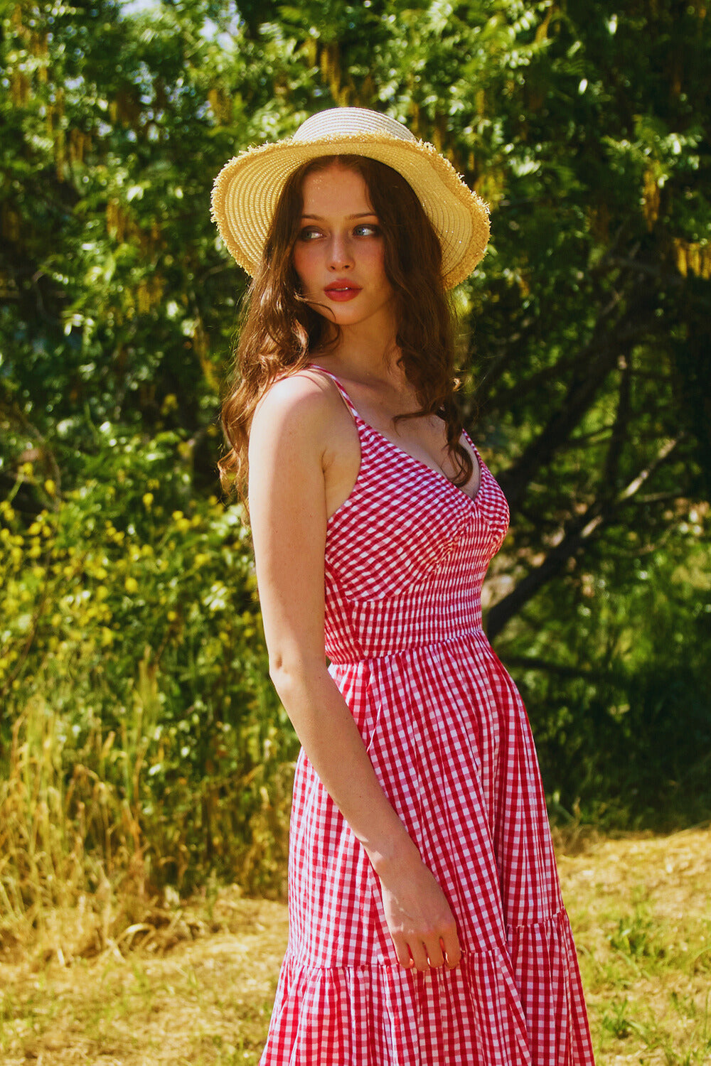 All Over Check Print Smocked Maxi Dress