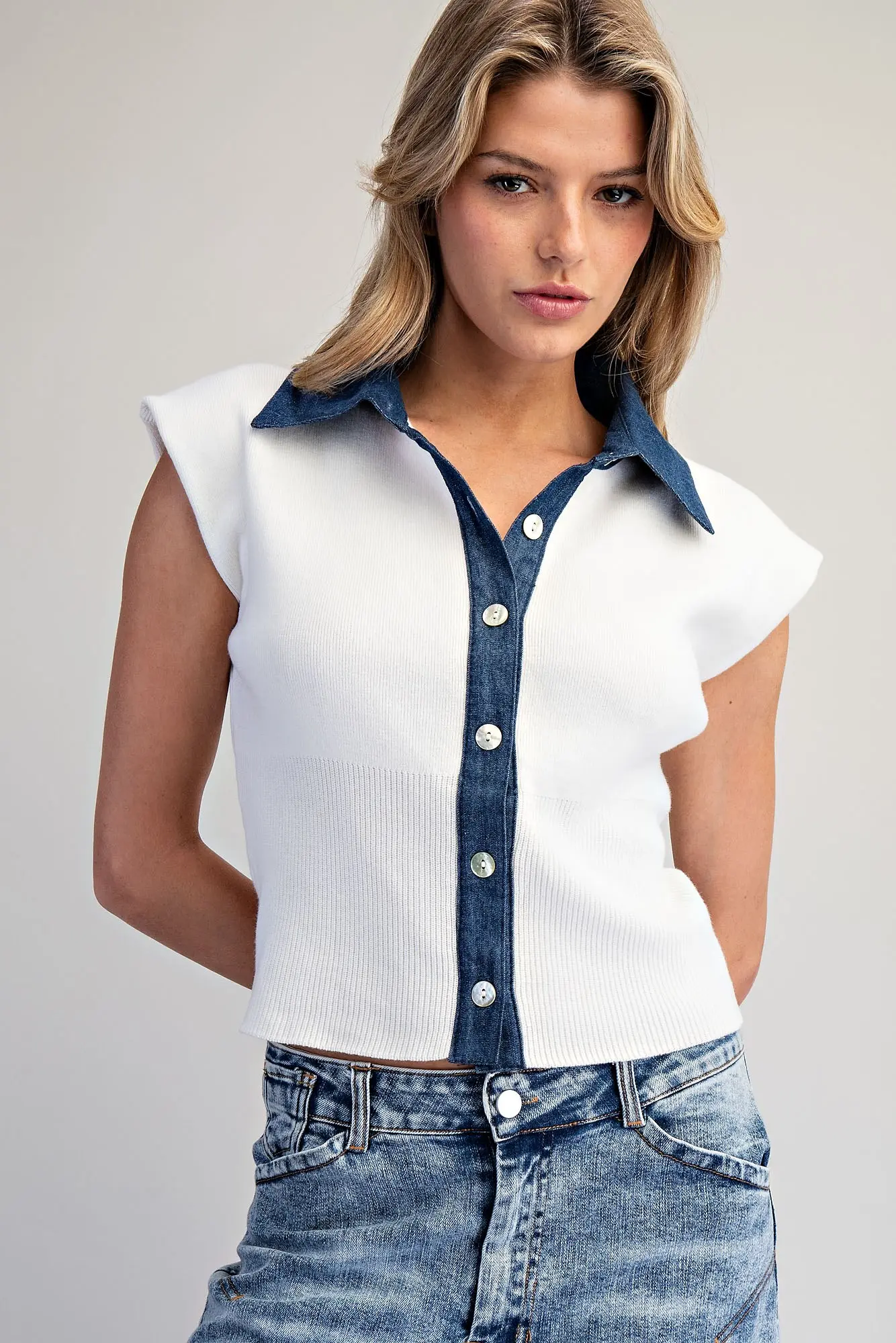 Denim Contrast Cap Sleeve Knit Top