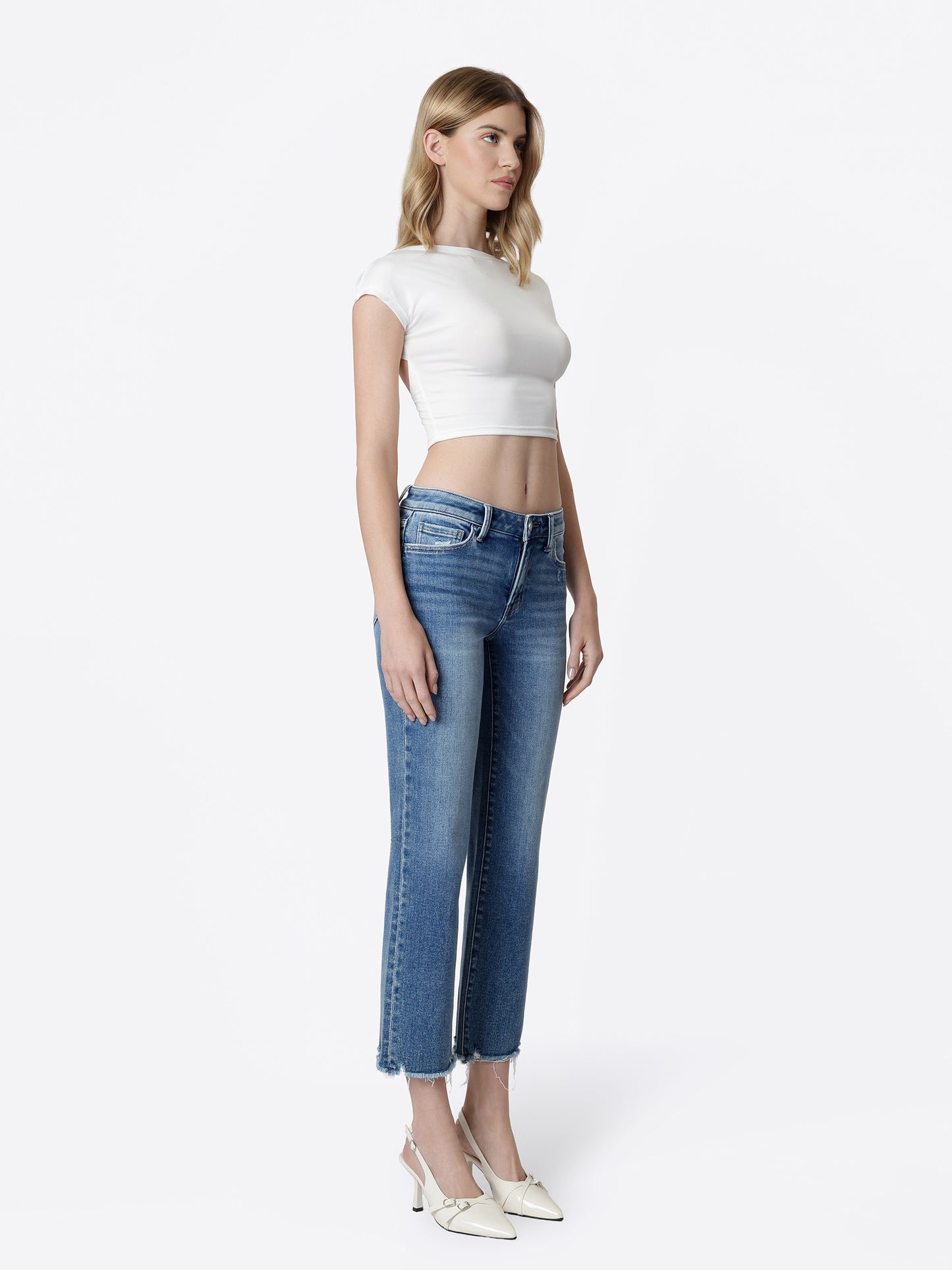 Mid Rise Distressed Hem Crop Straight Jeans