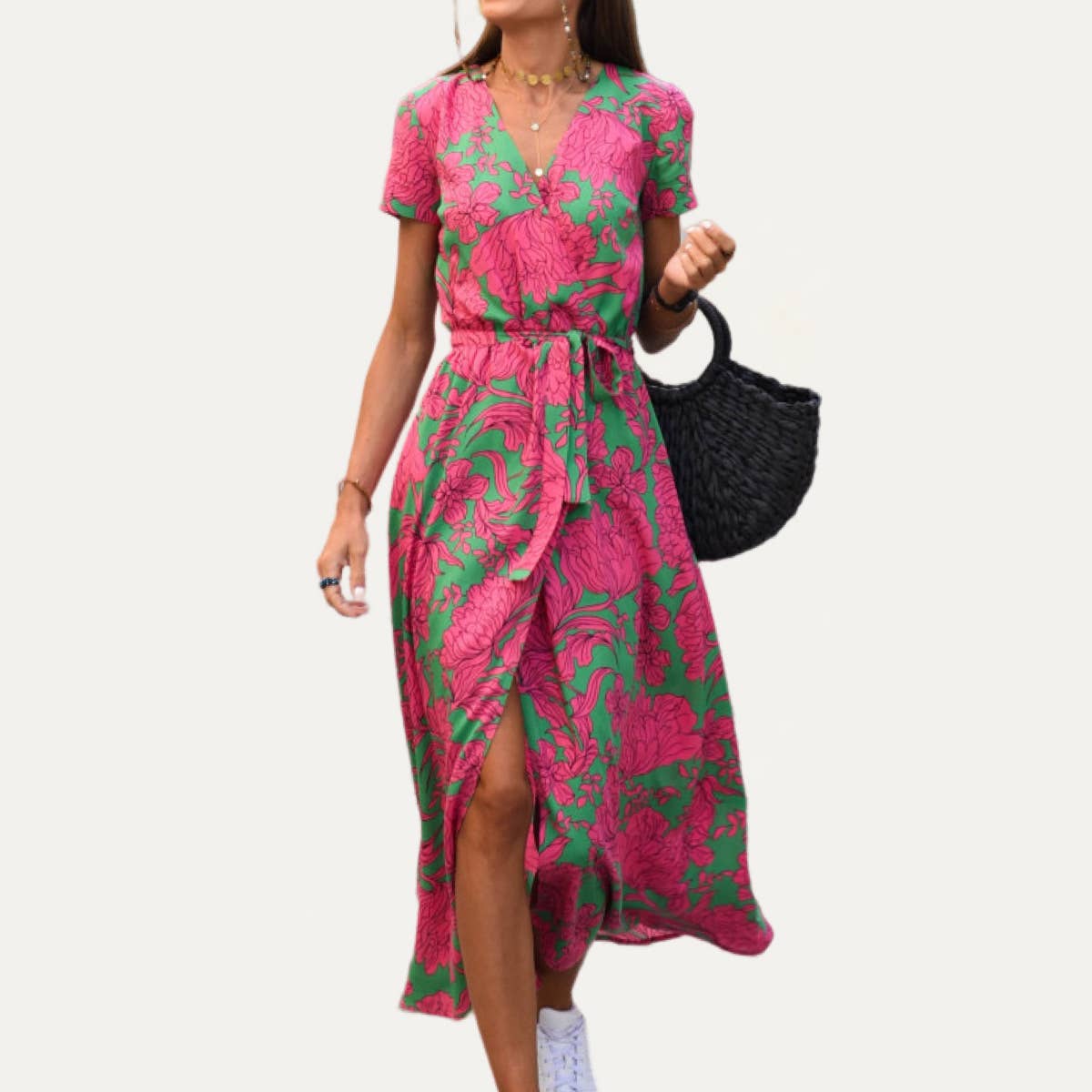 Final Sale - Classic Floral Print V Neck Short Sleeves Midi Dress